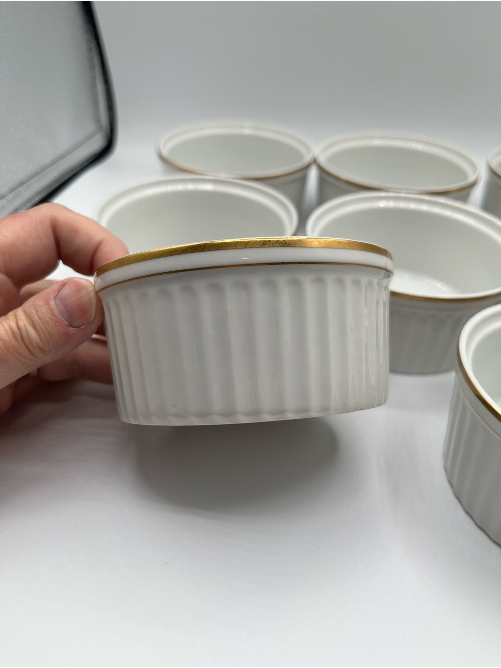 Vintage White Porcelain Ramekin with Gold Rim - Set of 8